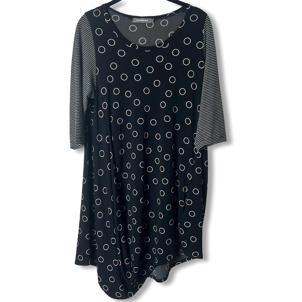 Alembika Mixed Media Circle Print Stripe Sleeve Tunic Dress Black White Sz. 1